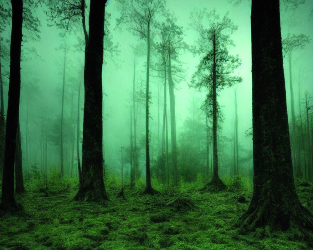 Misty green forest with moss-covered ground and tall shadowy trees