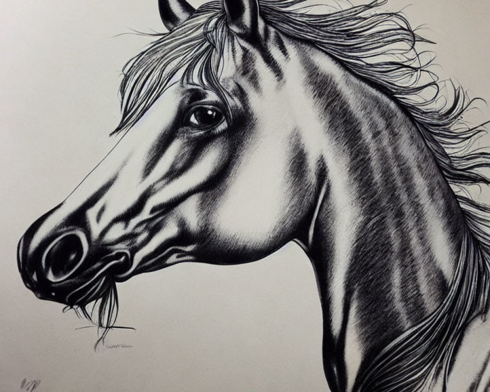 Realistic Horse Head Drawing with Detailed Shading and Textured Mane