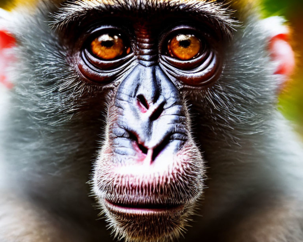 Detailed close-up of monkey with piercing amber eyes and furrowed brow