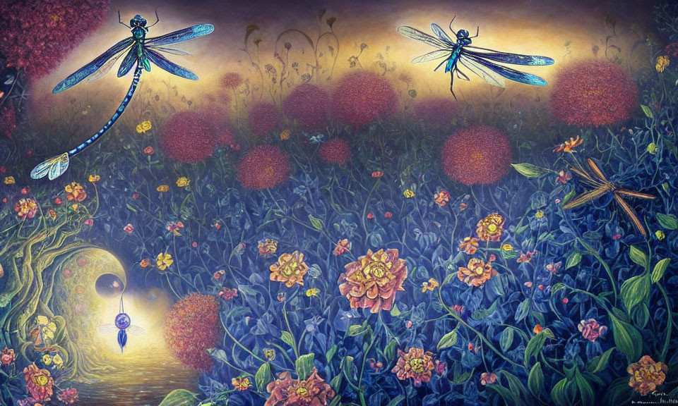 Whimsical garden scene with oversized dragonflies and colorful flowers