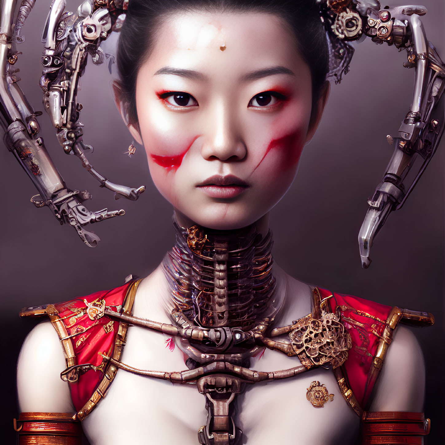 Woman with red war paint and cybernetic neck/shoulder apparatus.