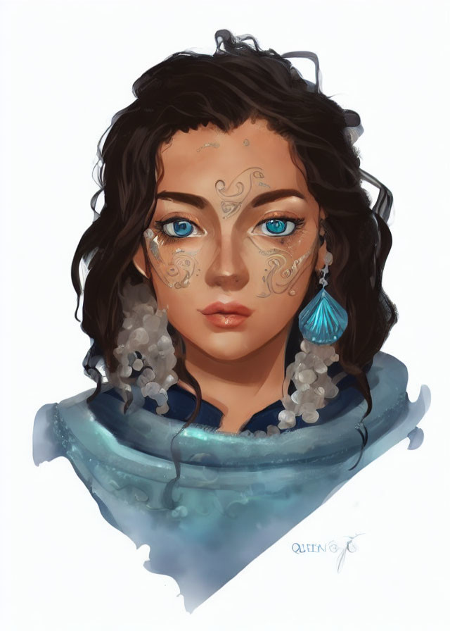 Portrait of woman with dark curly hair, blue eyes, silver facial markings, blue scarf.