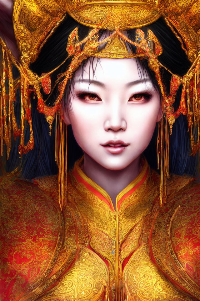 Elaborate gold and red traditional headgear on woman in digital portrait