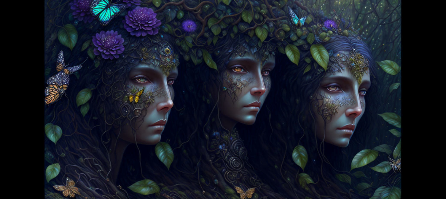 Ethereal figures with ornate headpieces in mystical forest