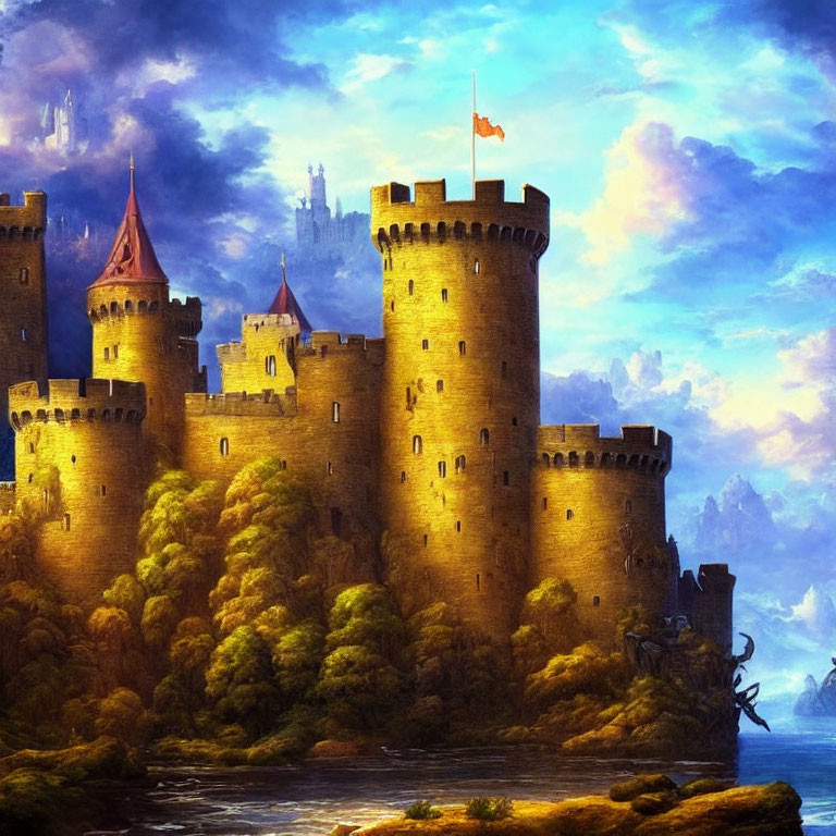Majestic castle in lush fantasy landscape with towers