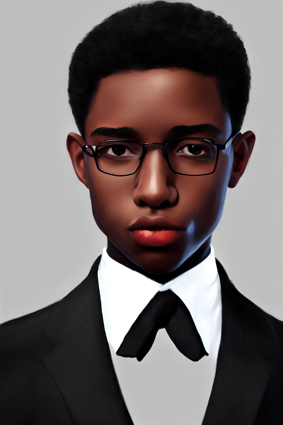 Realistic digital art of young male in glasses, black tuxedo, and bow tie.