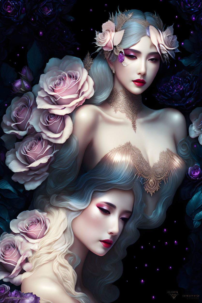 Artistic image of two women with pale skin and white hair among purple roses on a starry background