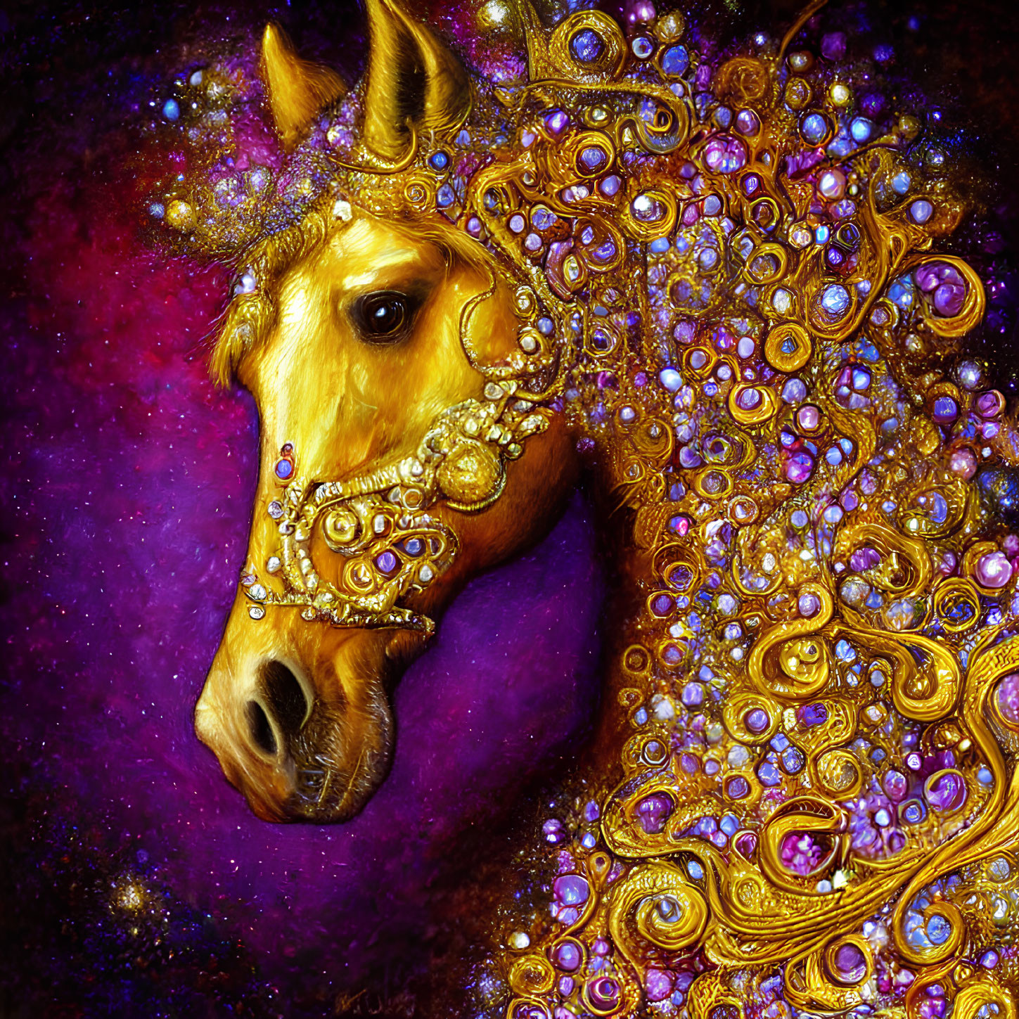 Horse adorned with gold jewelry in cosmic setting
