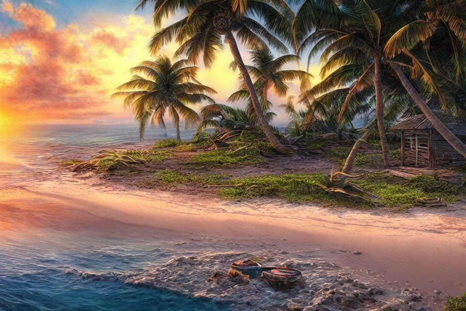 Tranquil beach scene at sunset with palm trees, hut, and boats