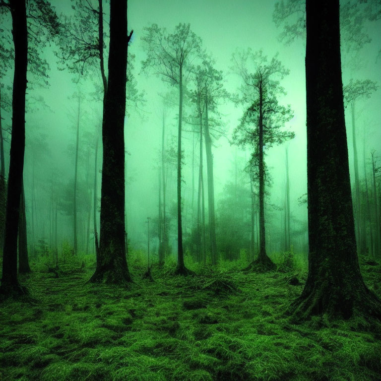 Misty green forest with moss-covered ground and tall shadowy trees