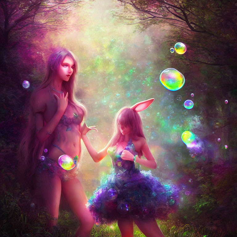 Two ethereal female figures in colorful forest with iridescent bubbles