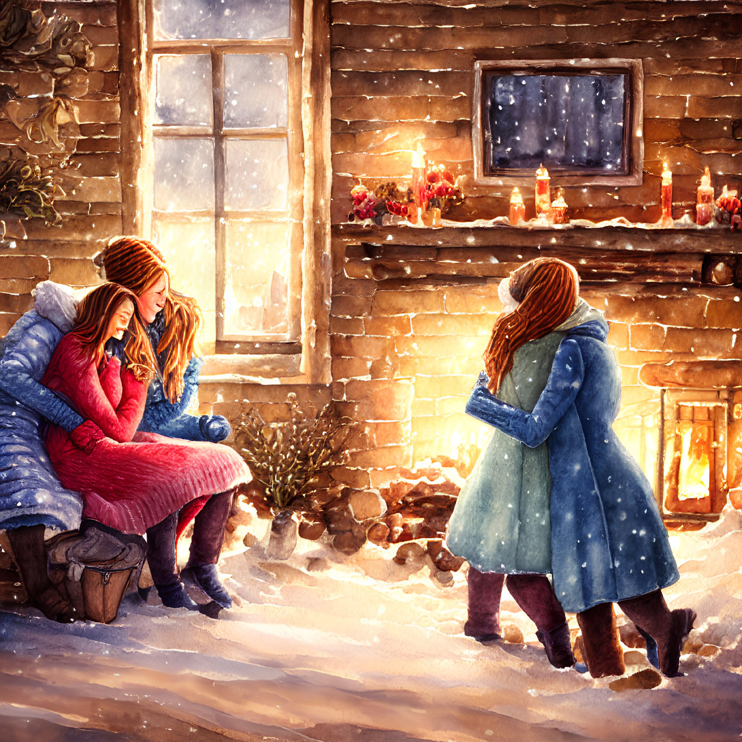 Three People in Winter Clothing Outside Snowy Wooden House