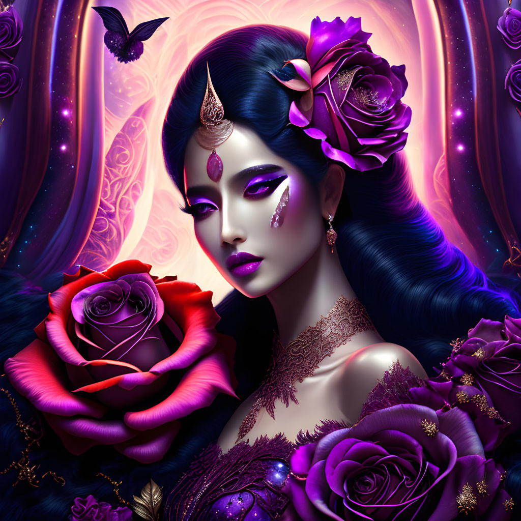 Illustration of woman with violet skin among purple roses and mystical elements