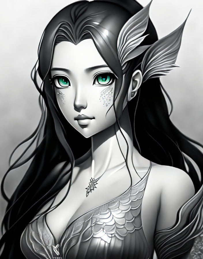Monochrome fantasy character with pointed ears and green eyes