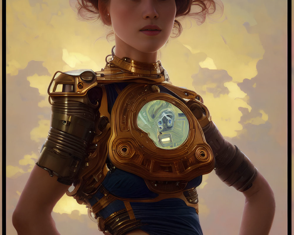 Digital artwork: Asian woman in sci-fi suit & helmet on soft-lit background