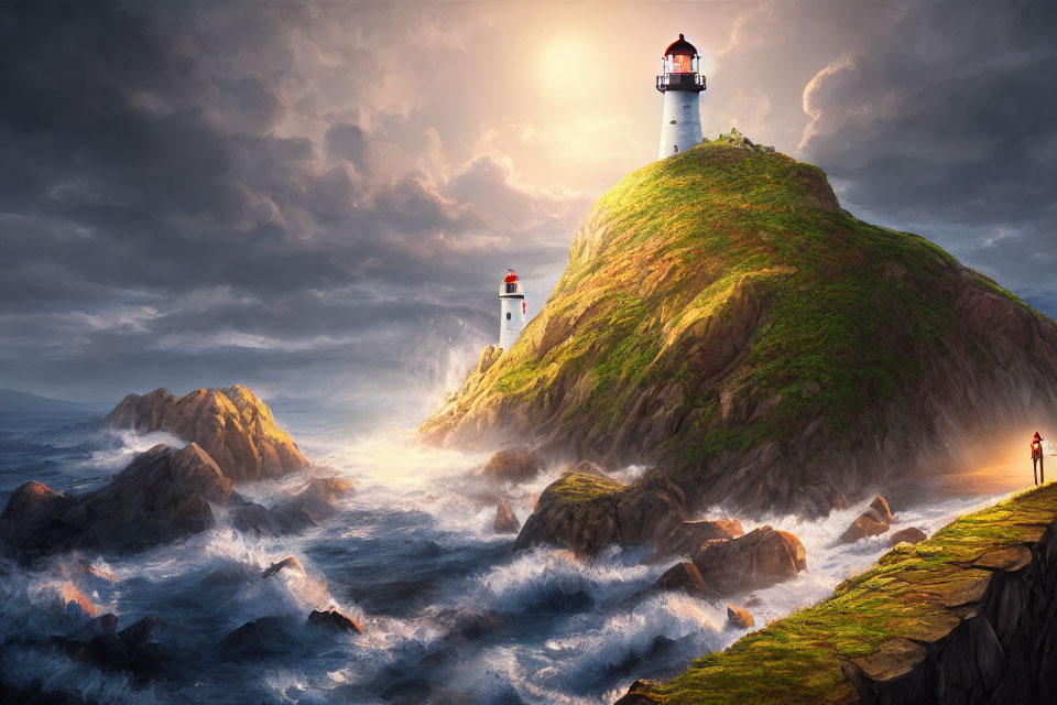 Dramatic seascape with lighthouse, person on cliff, and moody sky