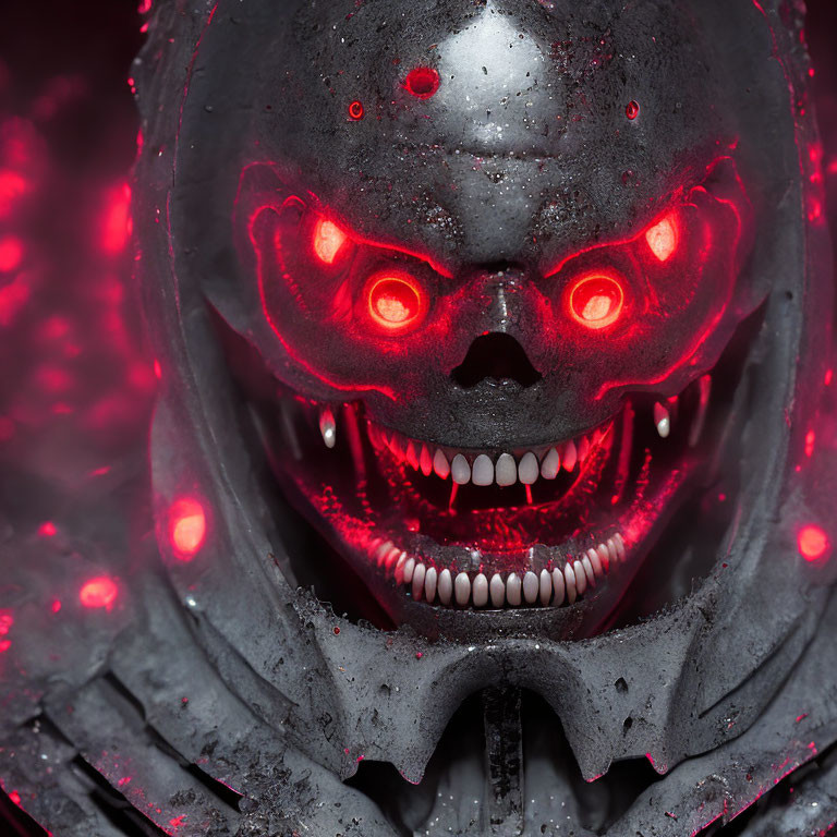 Menacing robot with skull-like face and glowing red eyes