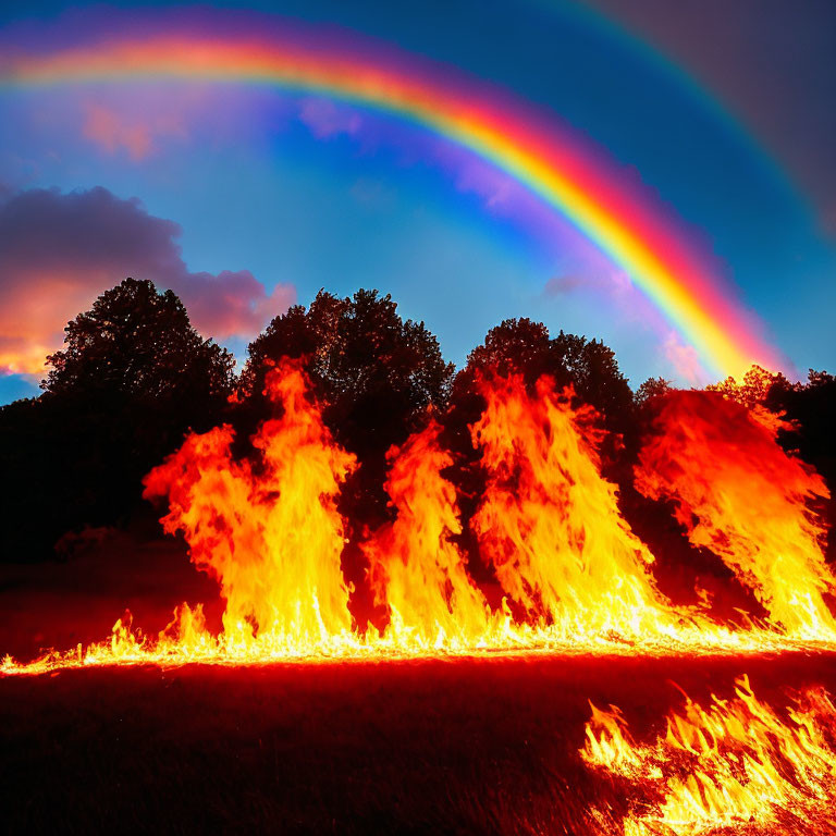 Colorful rainbow over fiery landscape with bright flames and twilight sky