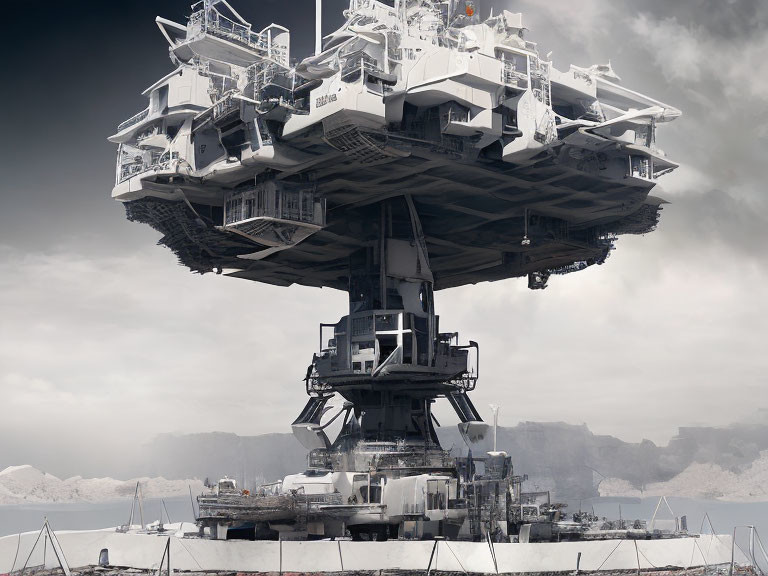 Gigantic futuristic floating industrial platform in barren landscape