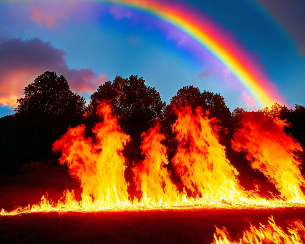 Colorful rainbow over fiery landscape with bright flames and twilight sky