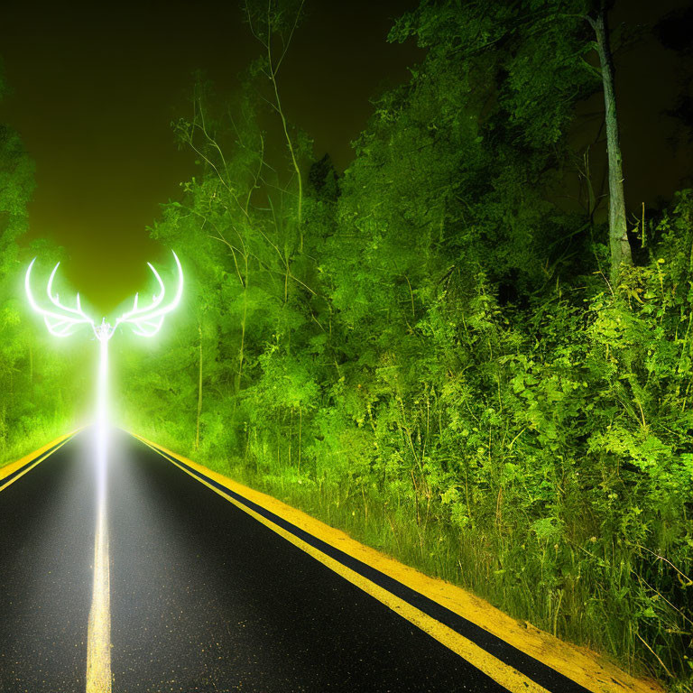 Deserted Night Road with Eerie Green Glow and Ghostly Stag Silhouette