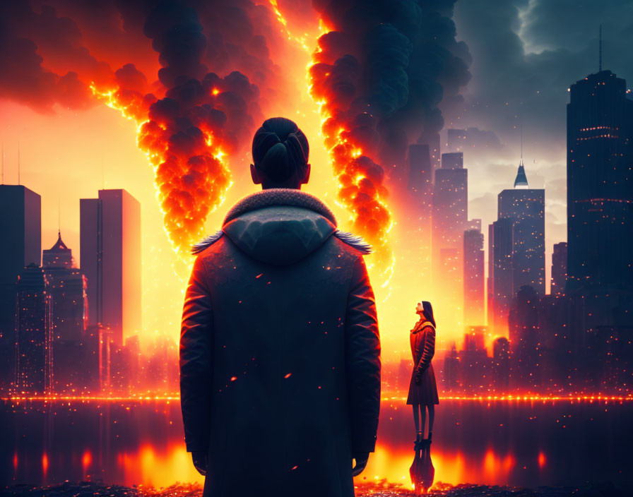 Person in Jacket Contemplates Catastrophic Cityscape with Erupting Volcanoes