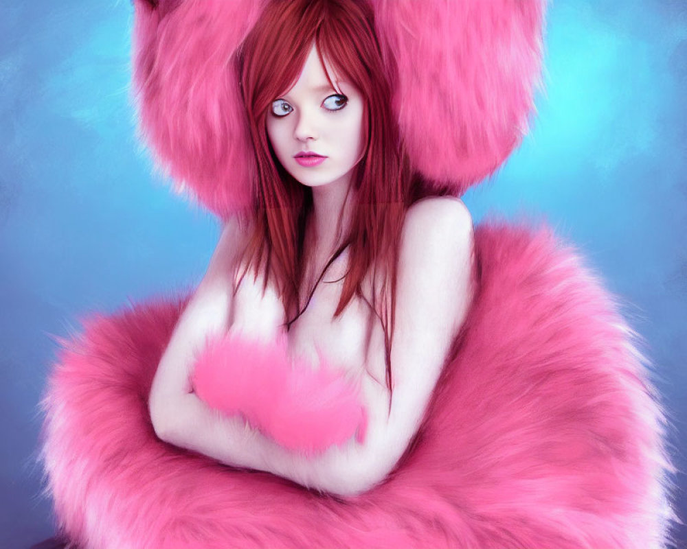 Red-haired girl with fluffy pink ears hugging herself in pink fur.