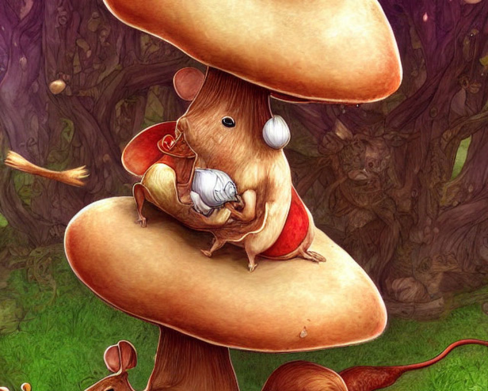 Whimsical anthropomorphic mice in enchanted forest with oversized mushrooms