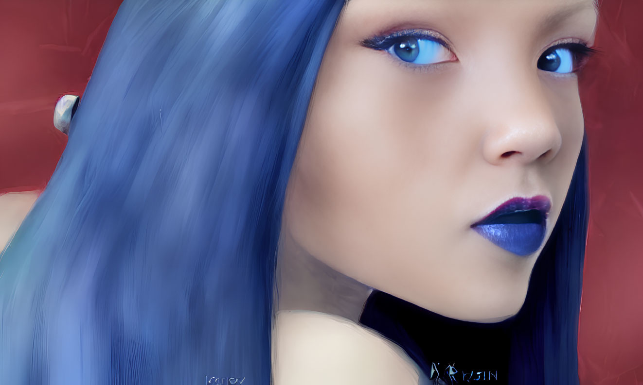 Vibrant blue hair, eyes, and lips on digital portrait against red background