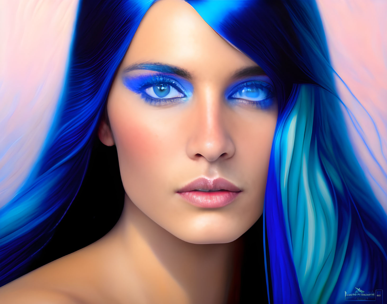 Digital artwork: Woman with blue eyes, eye shadow, and flowing hair on multicolored background