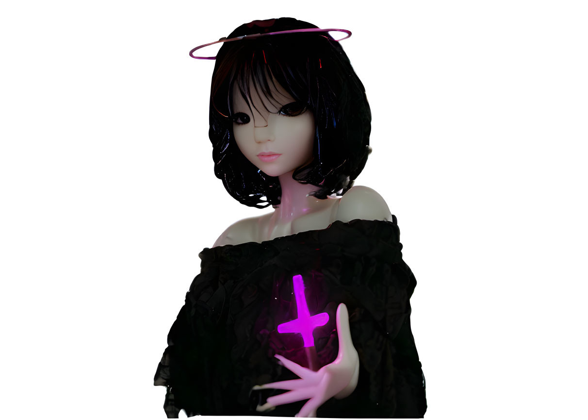 Mannequin with Short Black Hair in Black Ruffled Garment Holding Neon Purple Cross