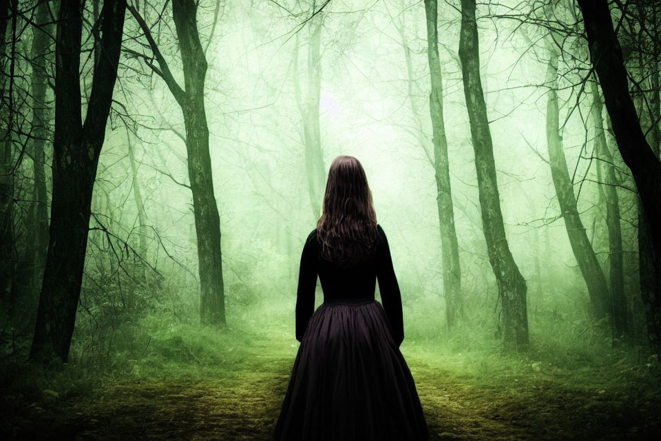 Woman in Black Dress Facing Misty Green Forest