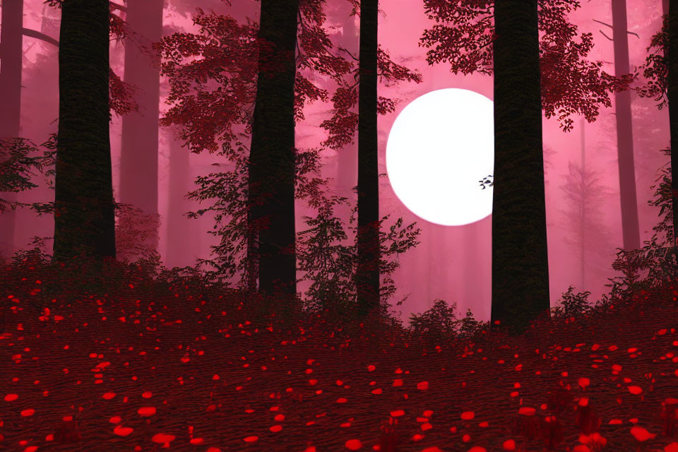 Crimson Forest with Tall Trees, Red Flowers, and White Moon