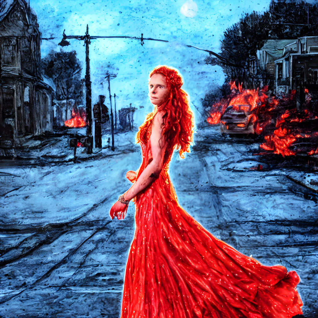 Fiery red-haired woman in flowing dress on snowy street with burning cars under full moon