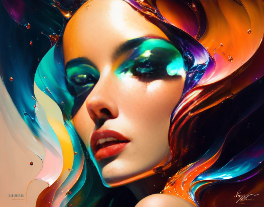 Colorful digital artwork of woman's face with flowing liquid-like colors