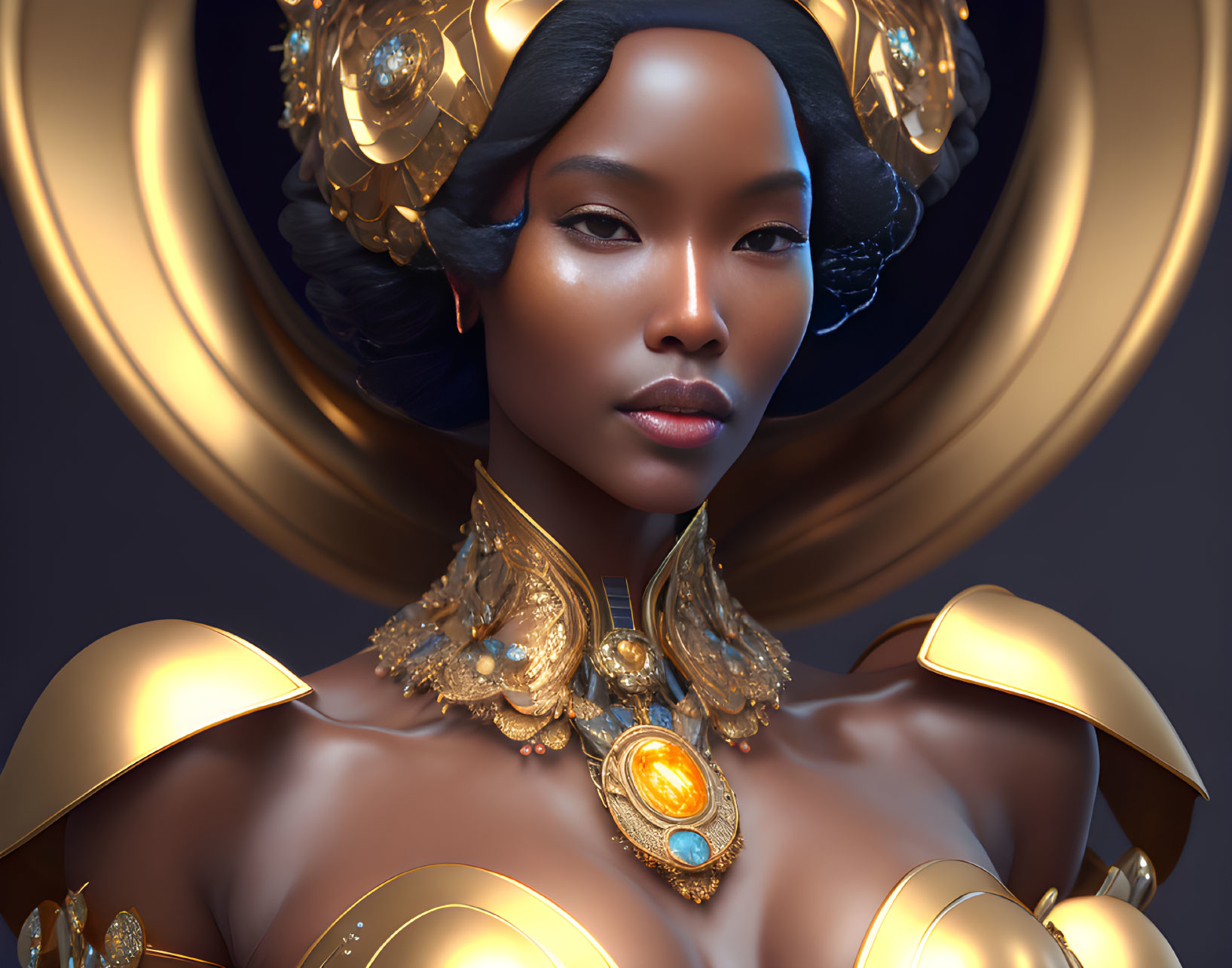 Dark-skinned woman in 3D rendering with gold jewelry and ornate headpiece