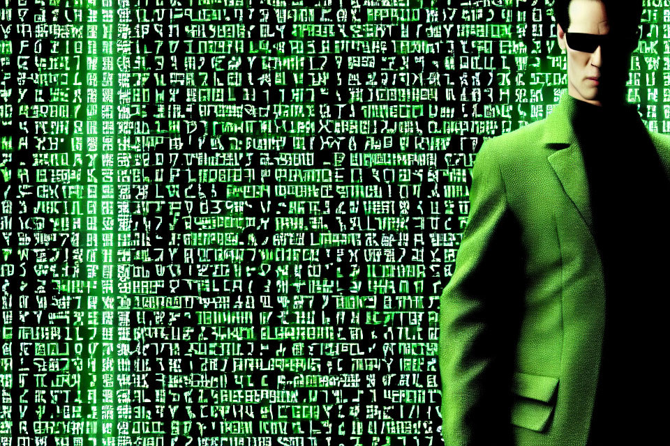 Man in Black Sunglasses and Green Suit with Matrix Digital Code Background