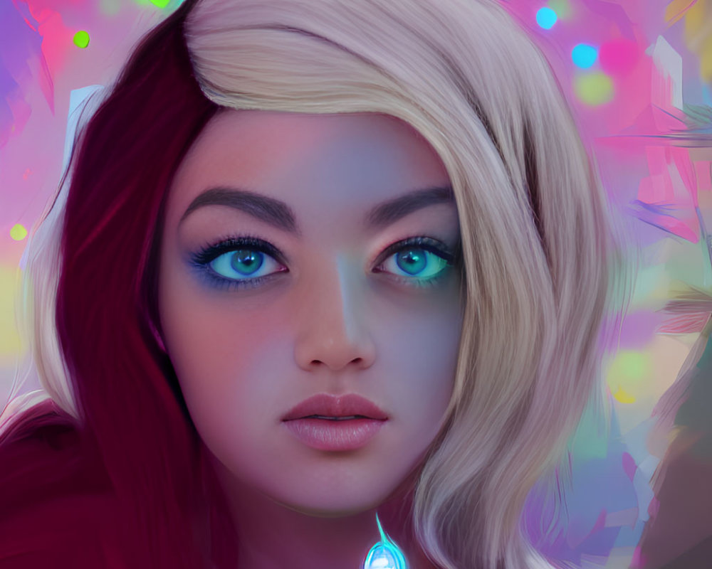 Digital painting of woman with blue eyes and fantasy jewel on abstract background