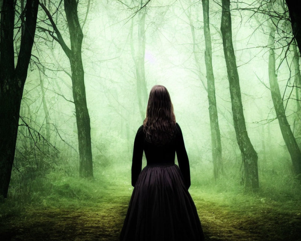 Woman in Black Dress Facing Misty Green Forest
