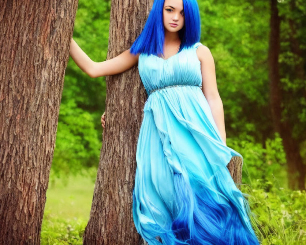 Woman with Bright Blue Hair in Matching Dress Standing in Lush Green Forest