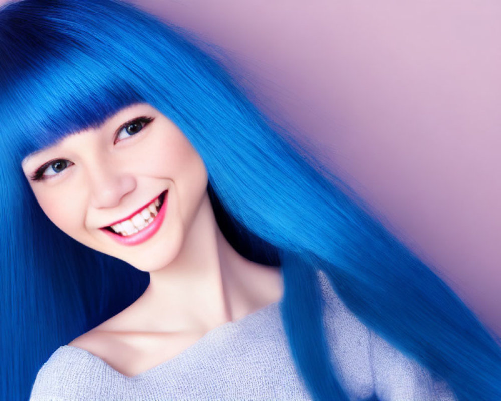 Cheerful person with bright blue hair and bangs smiling on pink background