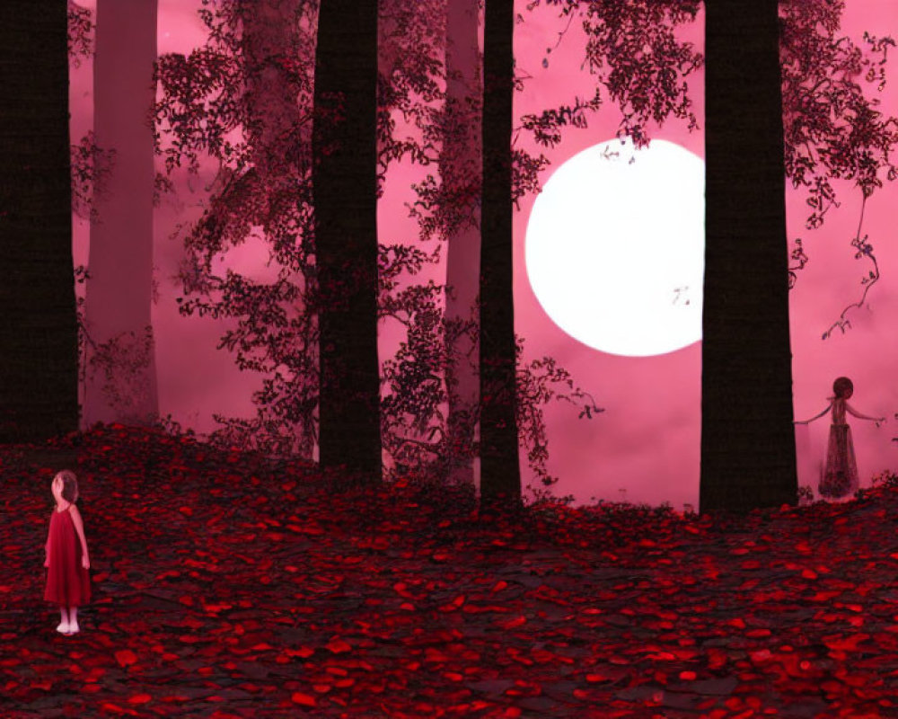 Red-tinted forest with white moon, figures, and red leaves