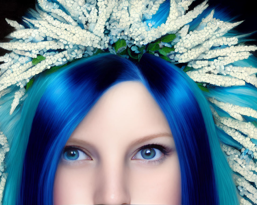 Vibrant blue hair and eyes with white blossom headdress on dark backdrop