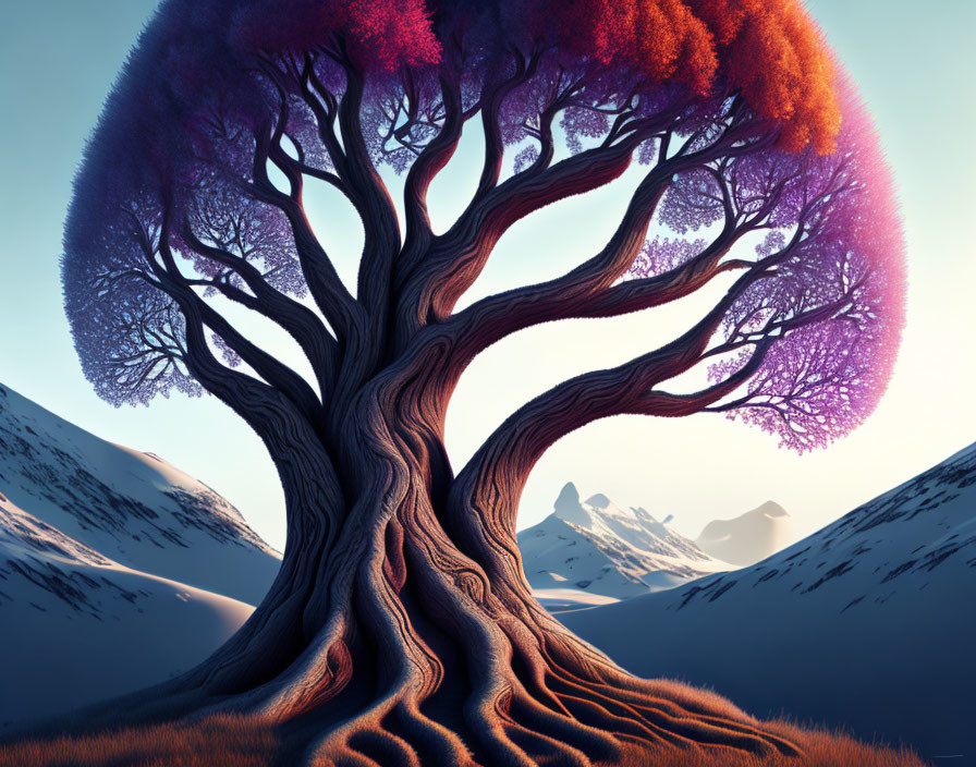 Fantasy-style illustration of large tree with purple and red foliage in snowy mountain landscape