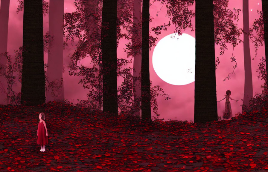 Red-tinted forest with white moon, figures, and red leaves