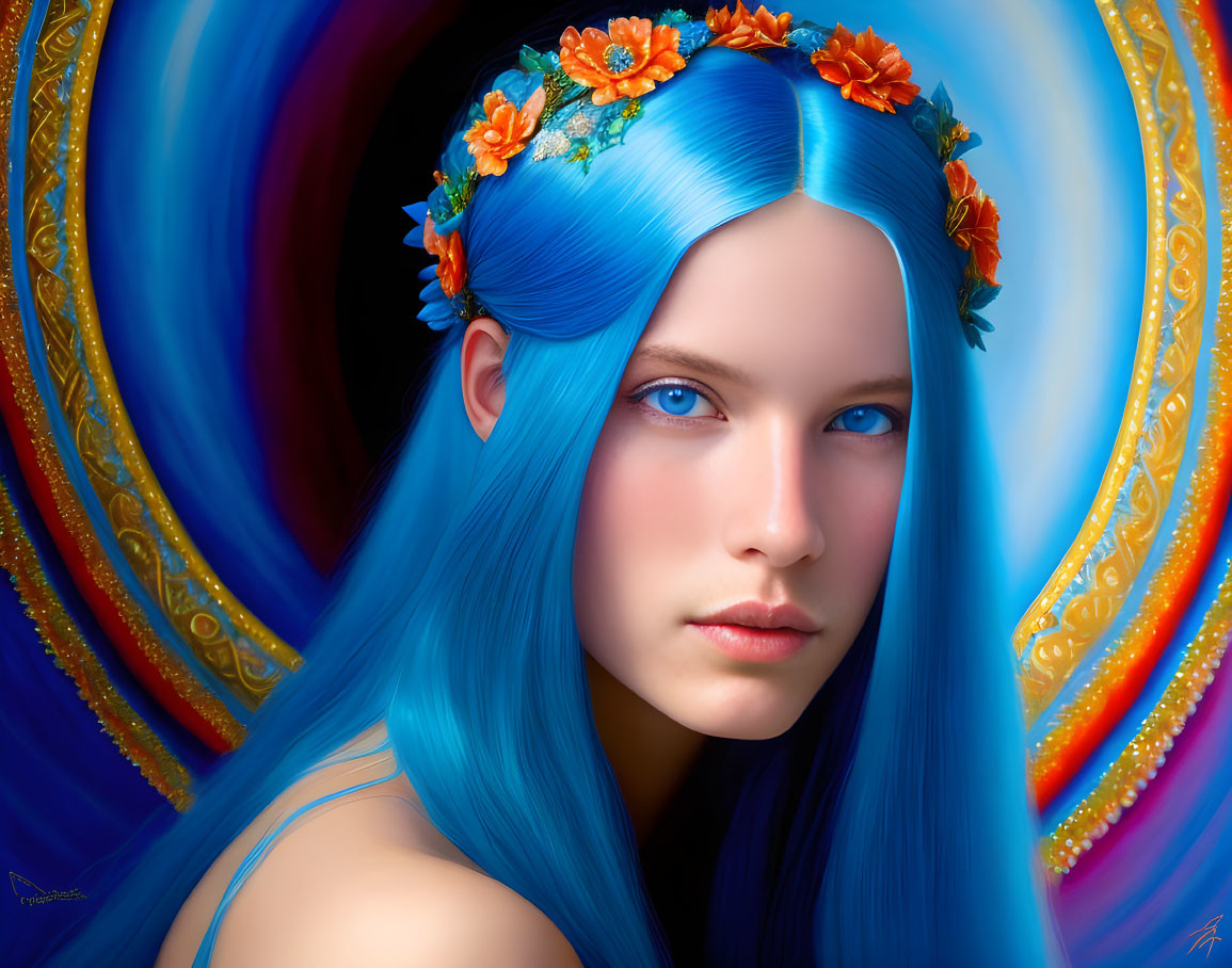 Vibrant blue hair and floral wreath on digital portrait against abstract background