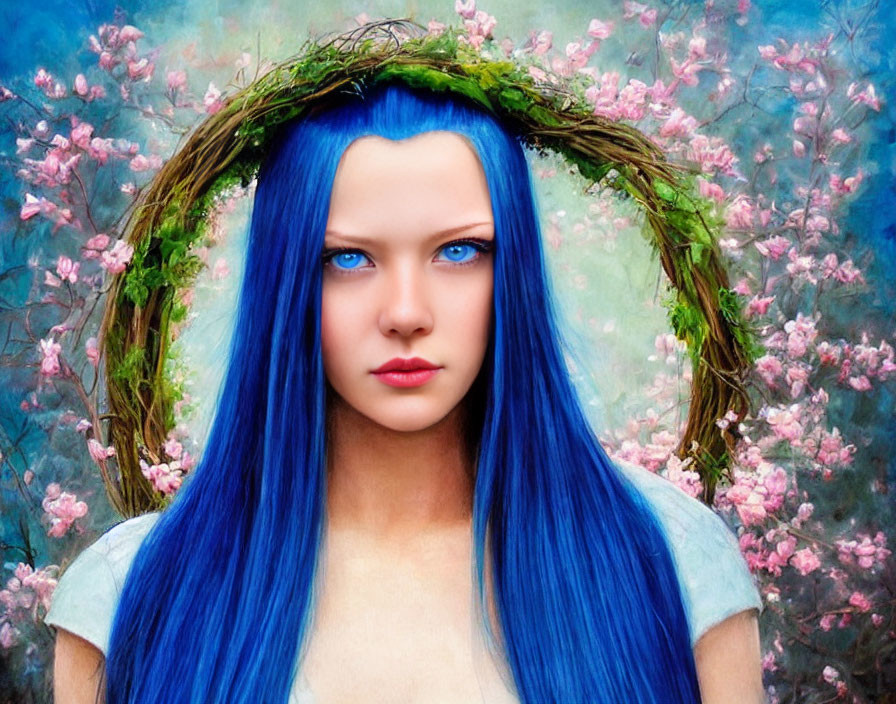 Woman with Striking Blue Hair and Blue Eyes in Floral Setting