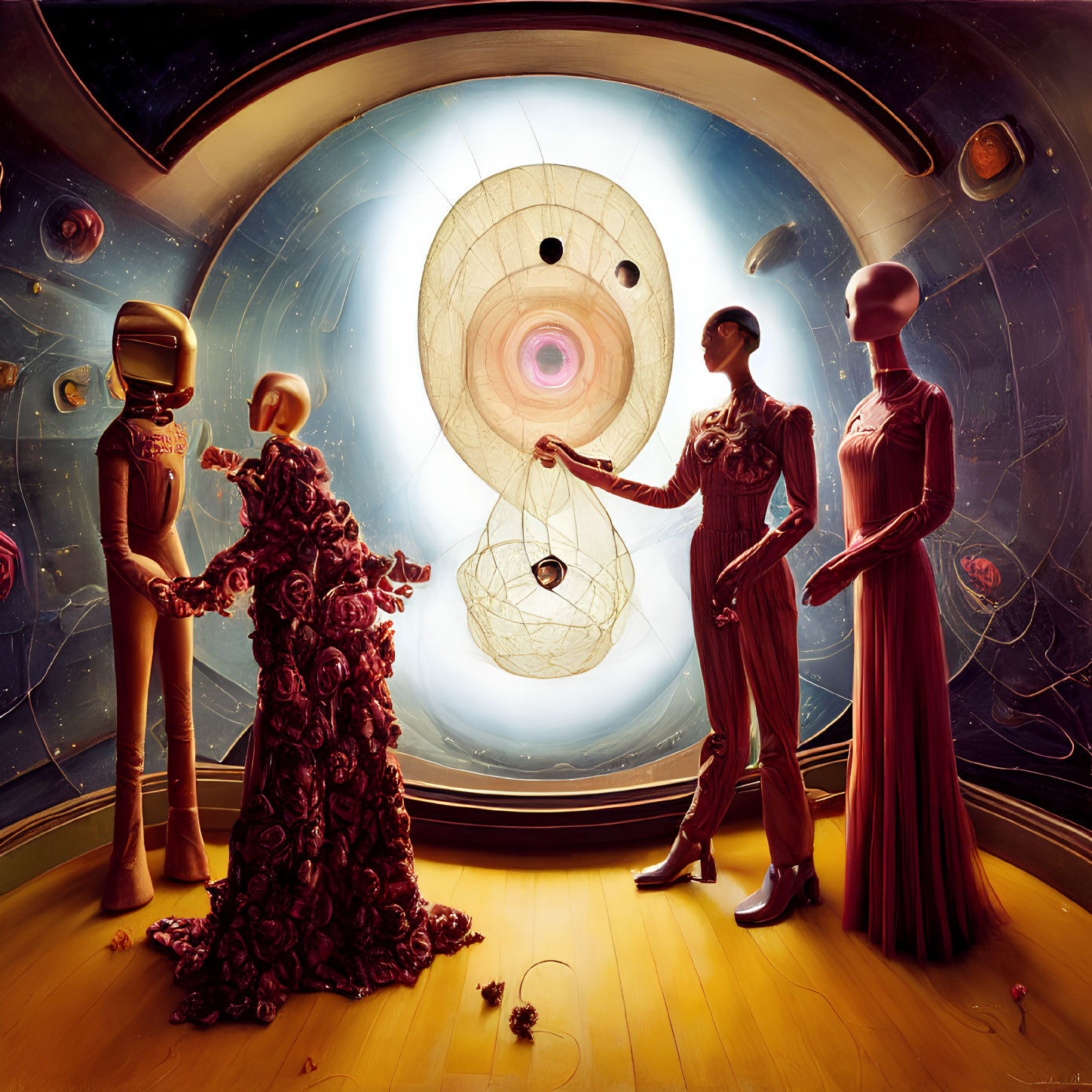 Surreal artwork: Human figures in ornate attire, robotic heads, cosmic window view, holding