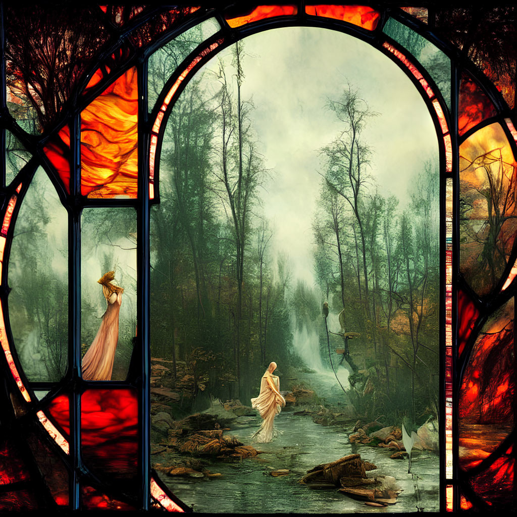 Stained glass window frame with mystical forest scene and figures