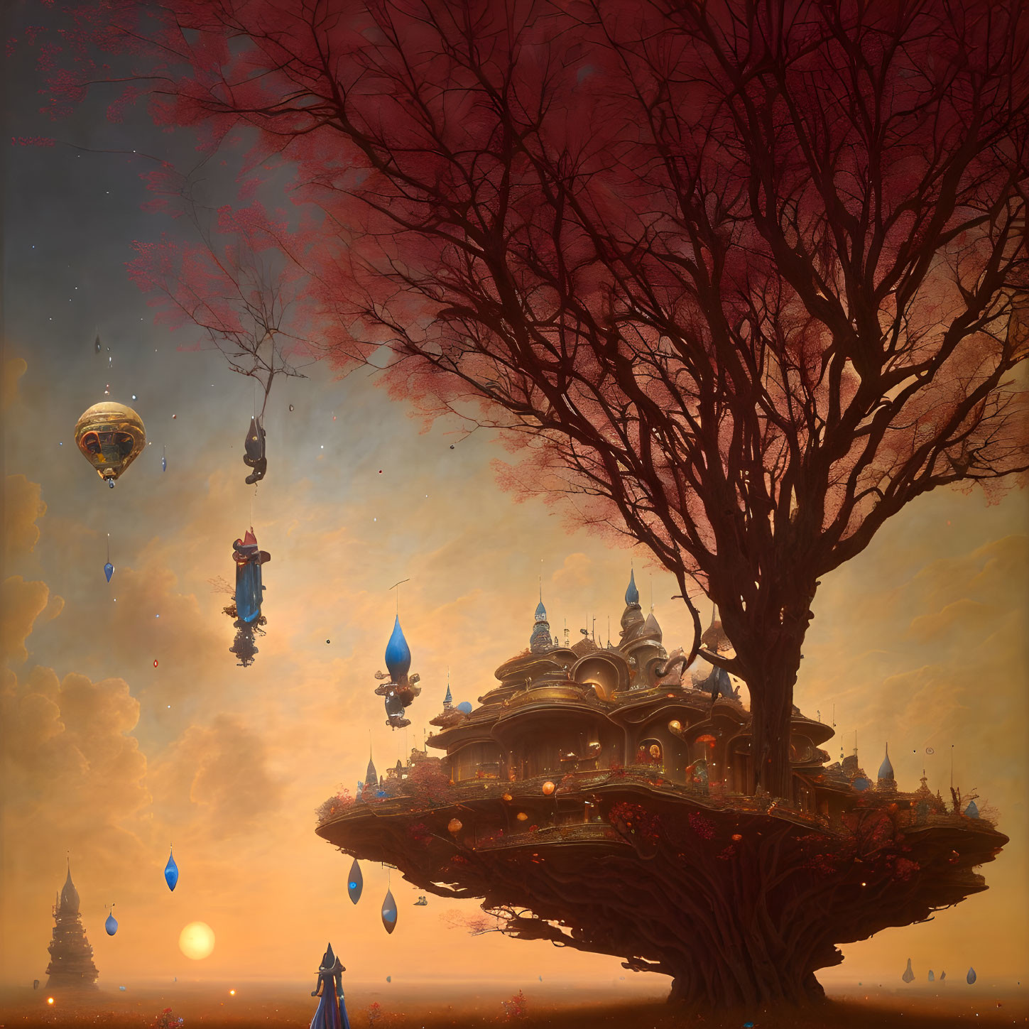 Fantastical scene: large tree, ornate building, floating islands, hot air balloons, wing